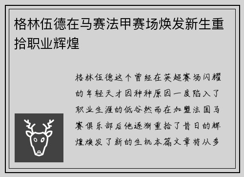 格林伍德在马赛法甲赛场焕发新生重拾职业辉煌
